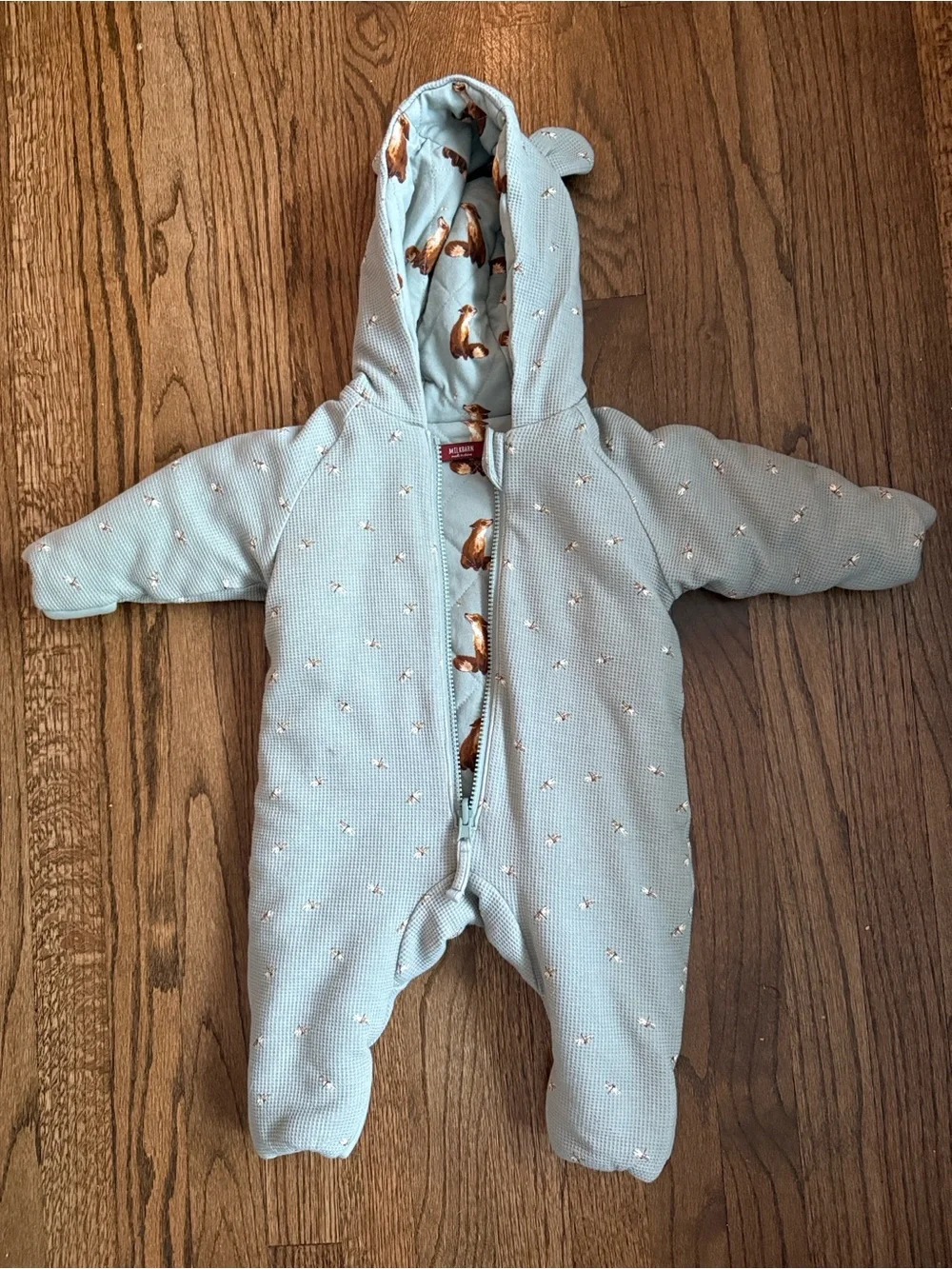 Milkbard Fox and Dragonfly Reversible Waffle Knit/Quilted Hooded Jumpsuit 3-6mo